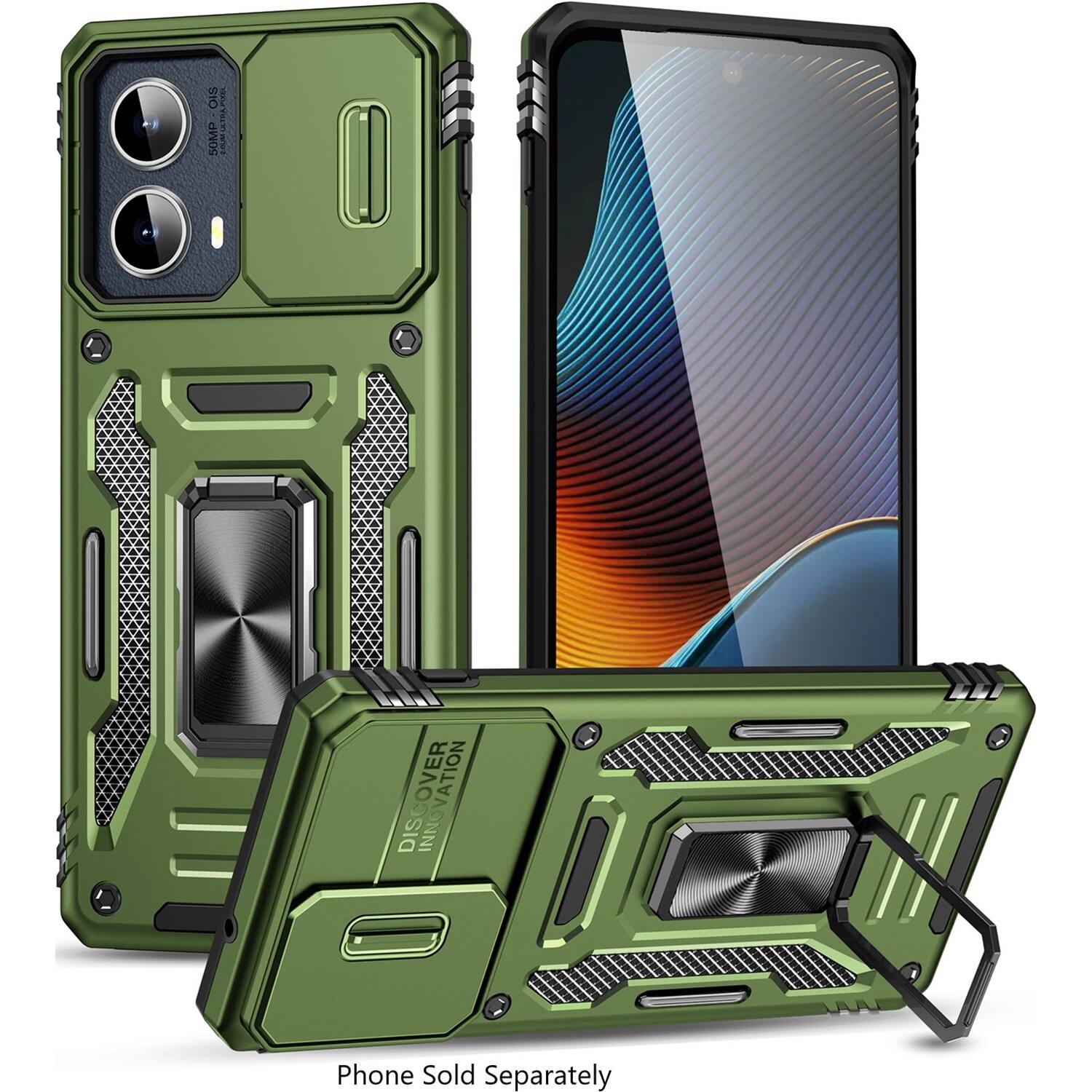 The image shows a green cell phone case with a 50MP camera. The case is designed to protect the phone and is sold separately.