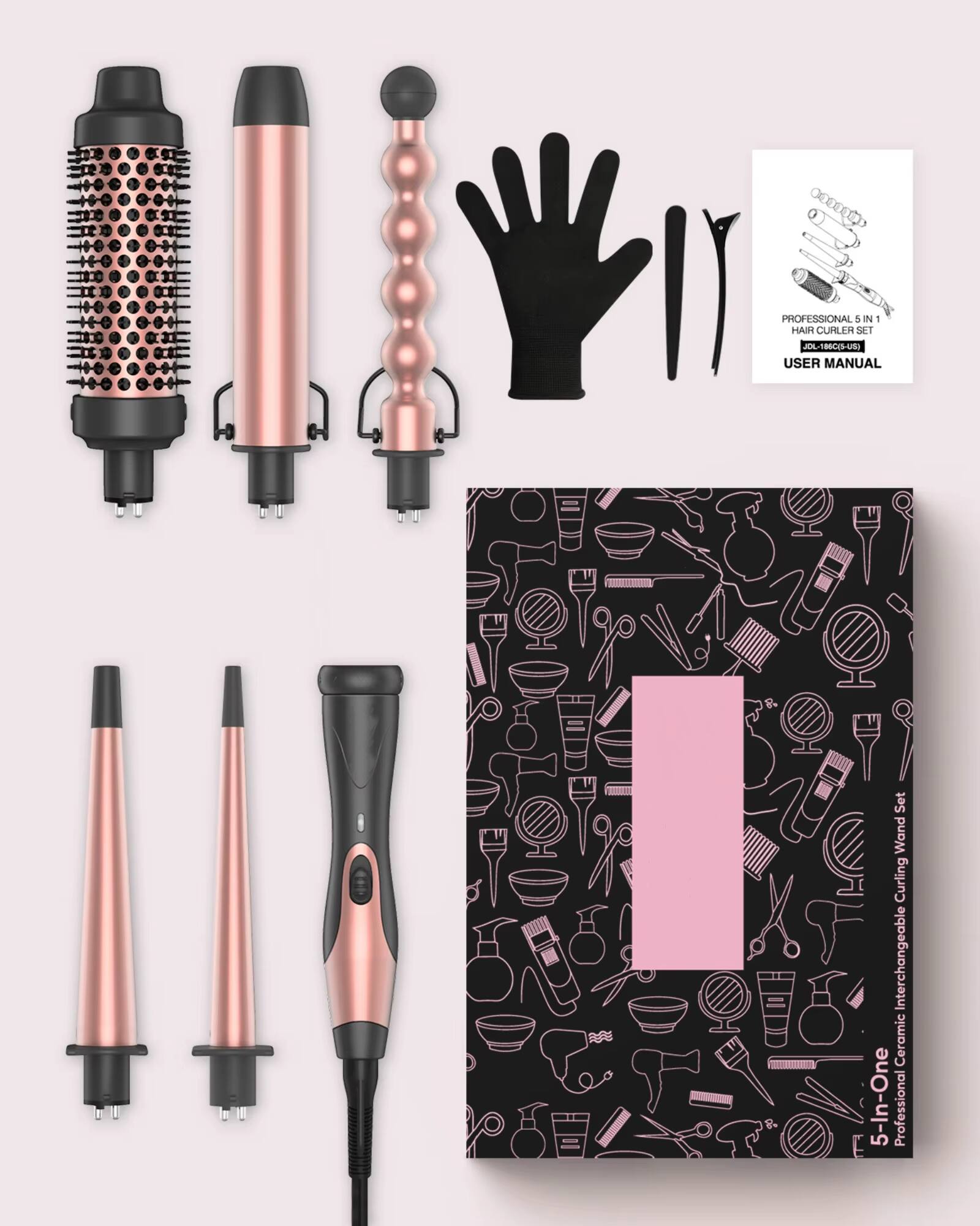 PROFESSIONAL 5-IN-1 HAIR CURLER SET  
JDL-18BC1S-USB  
USER MANUAL  

5-In-One Professional Ceramic Interchangeable Curling Wand