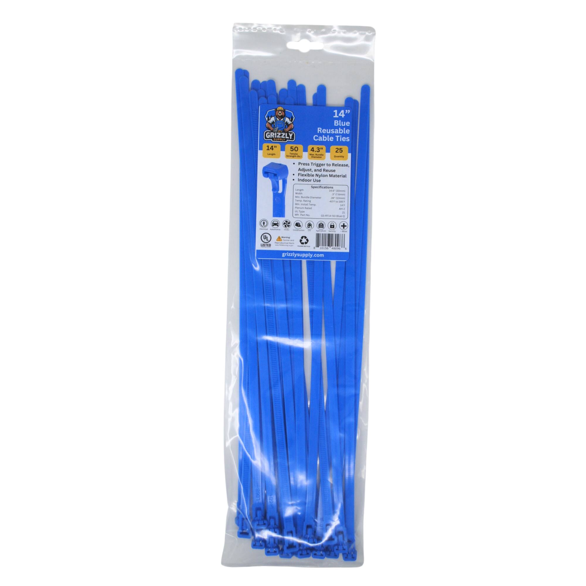 GRIZZLY 14" Blue Reusable Cable Ties 4.3" x 25 - - | Press Trigger to Release Adjust, and Reuse Nylon Material Indoor/Outdoor Use | I I I : - - - I - : | : - - a I - ad. 1 L I i  .. I I grizzlysupply.com BPaSk