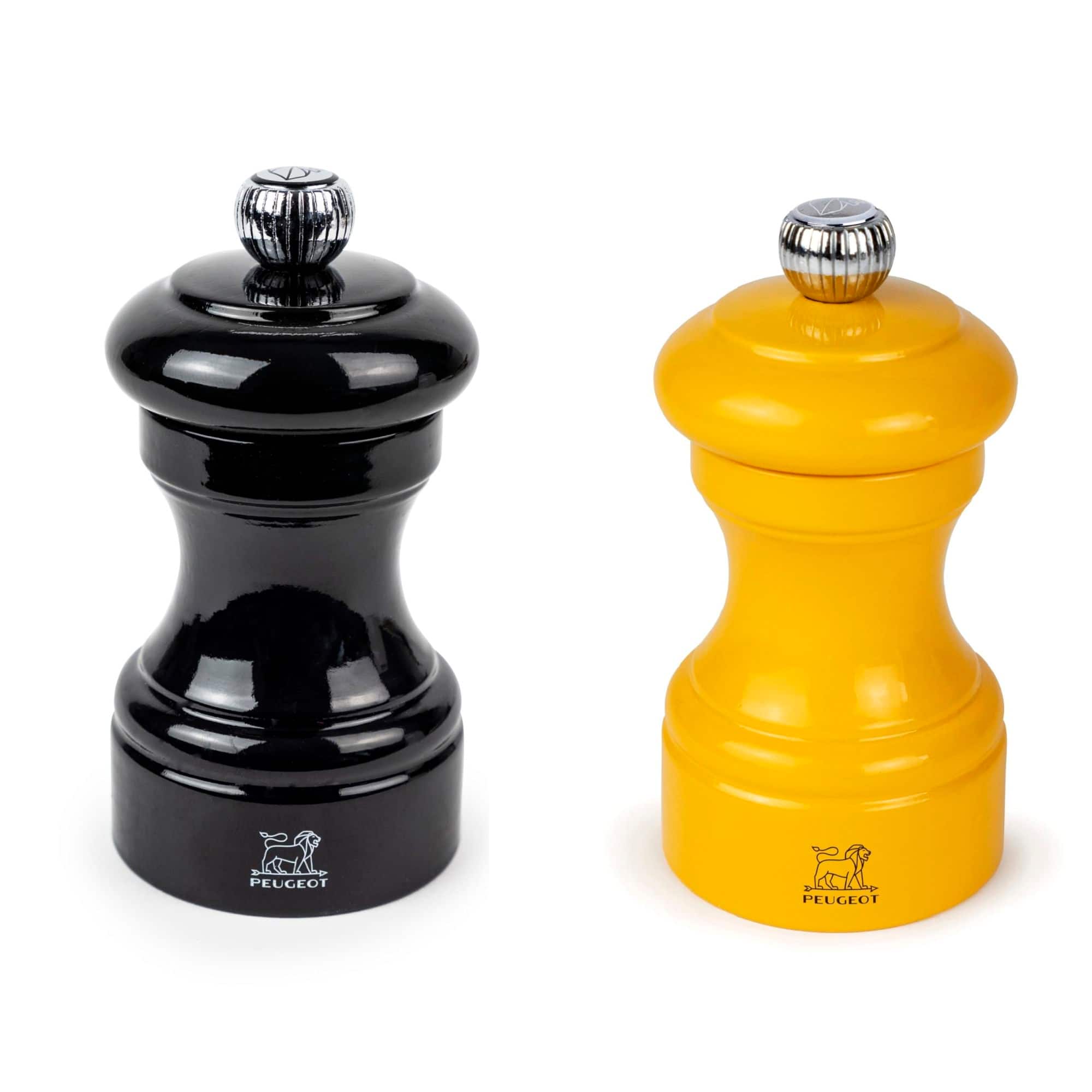 Peugeot - Bistro Pepper & Salt Mill Set, 4in - Adjustable Beechwood Mills, Black/Saffron - Black and Saffron Yellow