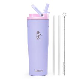 Coolflask - Slim Tumbler Stainless Steel with Straw & Handle - Fits Car Cup Holder - 32oz Purple