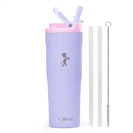 Front. Coolflask - Slim Tumbler Stainless Steel with Straw & Handle - Fits Car Cup Holder - 32oz Purple.
