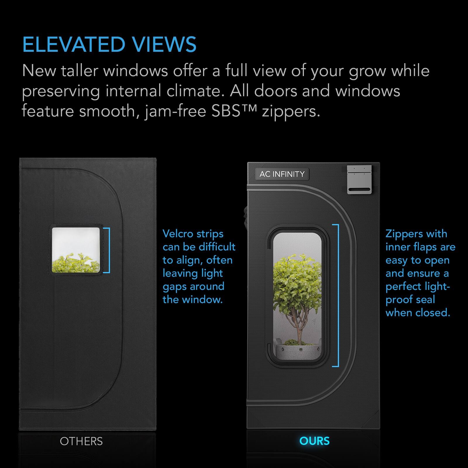 ELEVATED VIEWS  
New taller windows offer a full view of your grow while preserving internal climate. All doors and windows feature smooth, jam-free SBS™ zippers.

AC INFINITY  
Velcro strips can be difficult to align, often leaving light gaps around the window.  
Zippers with inner flaps are easy to open and ensure a perfect light-proof seal when closed.

OTHERS  
OURS