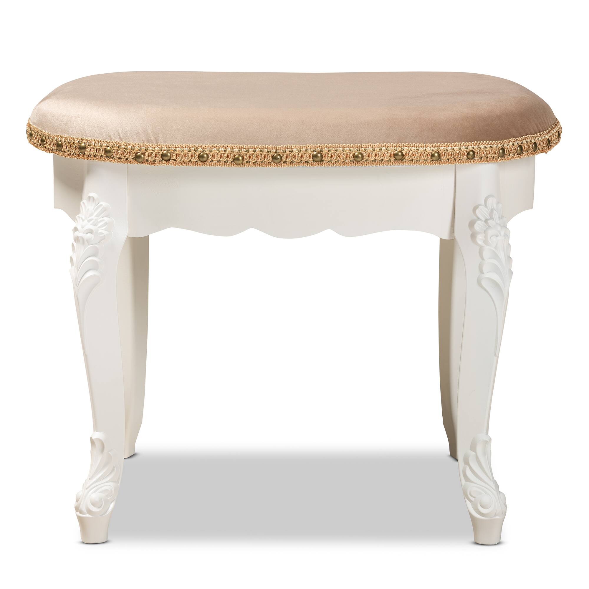 Back. Baxton Studio - Gabrielle Traditional French Country Provincial Sand Velvet Fabric Upholstered White-Finished Wood Vanity Ottoman - Sand/White/Gold.