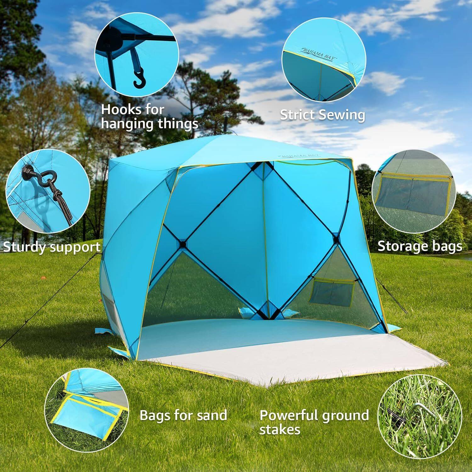 FRAAMA BAY

- Hooks for hanging things
- Strict Sewing
- Sturdy support
- Storage bags
- Bags for sand
- Powerful ground stakes