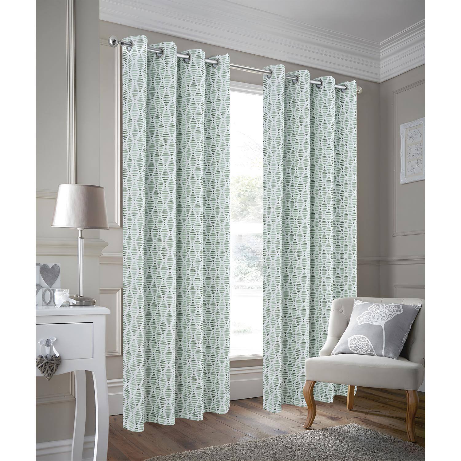 Angle. RT Designers Collection - RT Designer Collection Justice Printed Blackout Luxurious Decorative Grommet Curtain Panel 54" x 84" Sage - Sage.