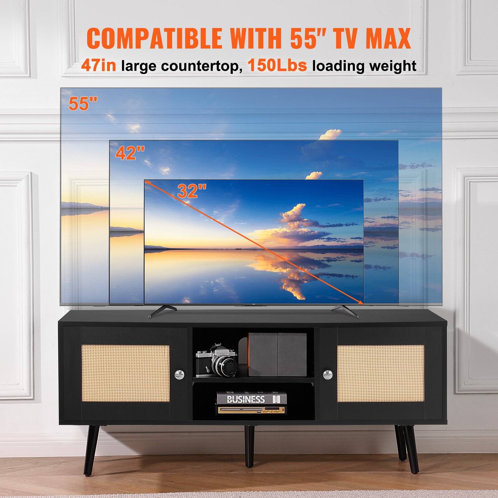COMPATIBLE WITH 55" TV MAX  
47in large countertop, 150Lbs loading weight  

55"  
42"  
32"