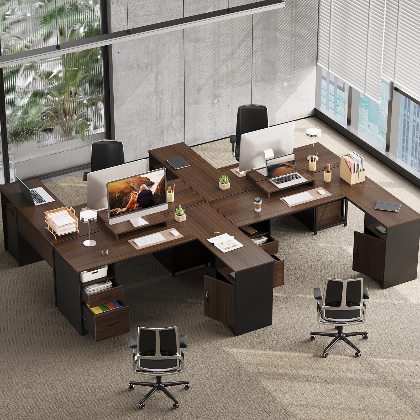 Angle. Bestier - 63inch L Shaped Computer Desk with File Drawers with Storage Cabinet for Home Office - Cherry.