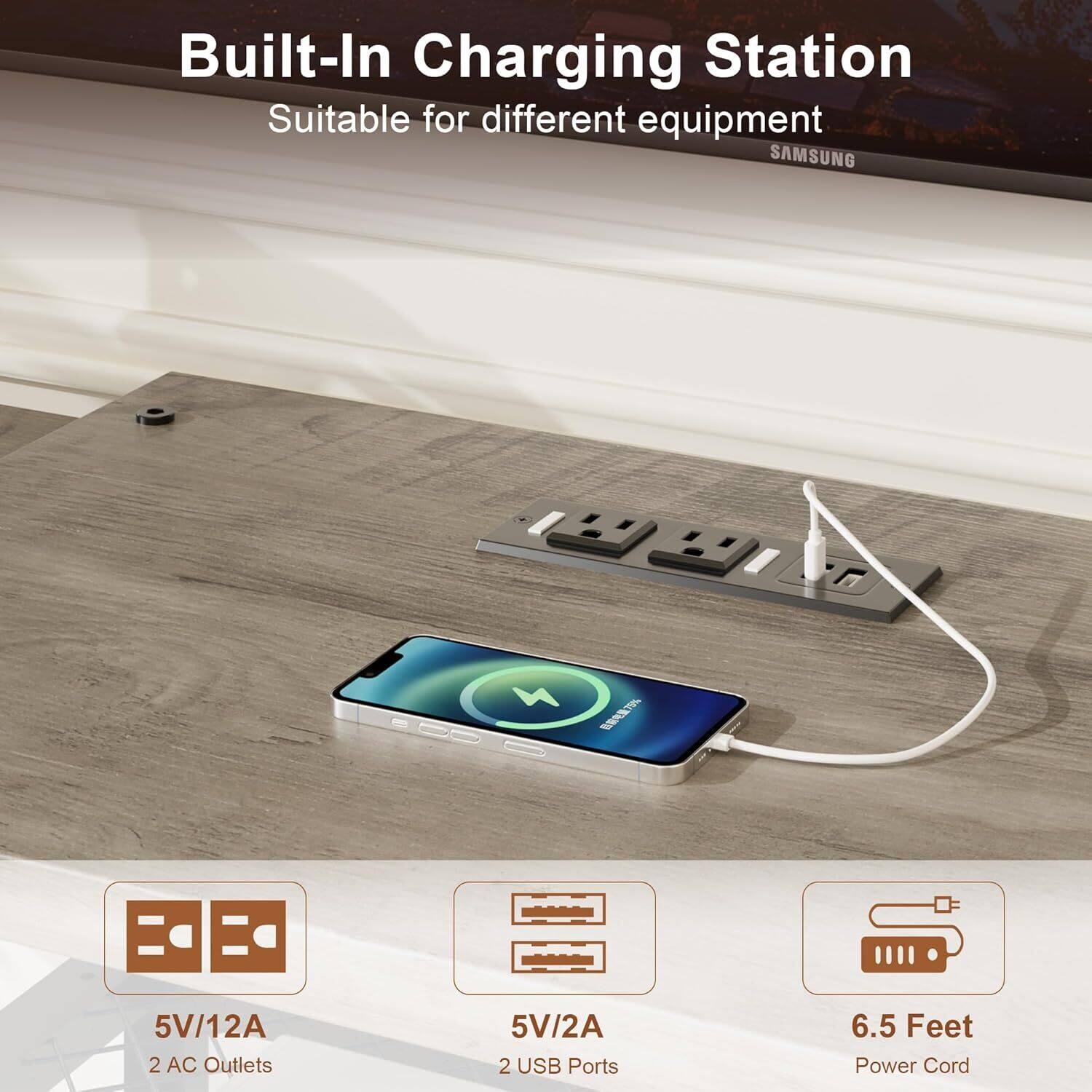Built-In Charging Station  
Suitable for different equipment  

- 5V/12A  
  2 AC Outlets  
- 5V/2A  
  2 USB Ports  
- 6.5 Feet Power Cord
