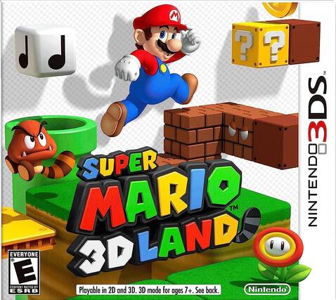 Sure, here is the corrected and grouped text from the image:
---
**Nintendo 3DS**
**Super Mario 3D Land**
**Playable in 2D and 3D. 3D mode for ages 7+. See back.**
**Everyone 00 E**
**Content Rated by ESRB**
**Nintendo**
---
This text includes the game title, platform, playability information, ESRB rating, and the Nintendo logo. - E (Everyone)