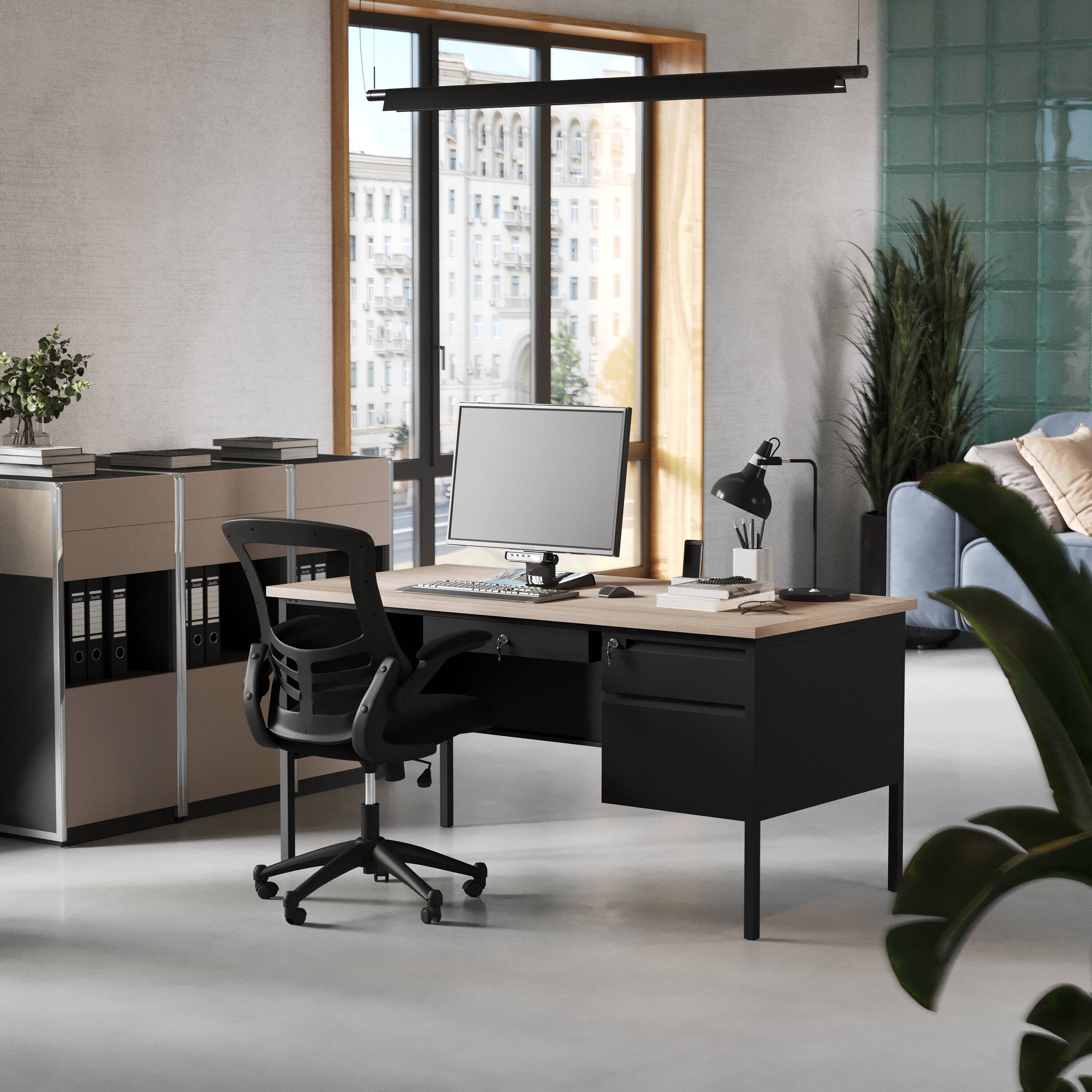 Alt View 2. Flash Furniture - Cambridge Commercial Grade 30x60 Right Side Single Pedestal Desk with 3 Locking Drawers, White Oak Top and Black Frame - Brown.
