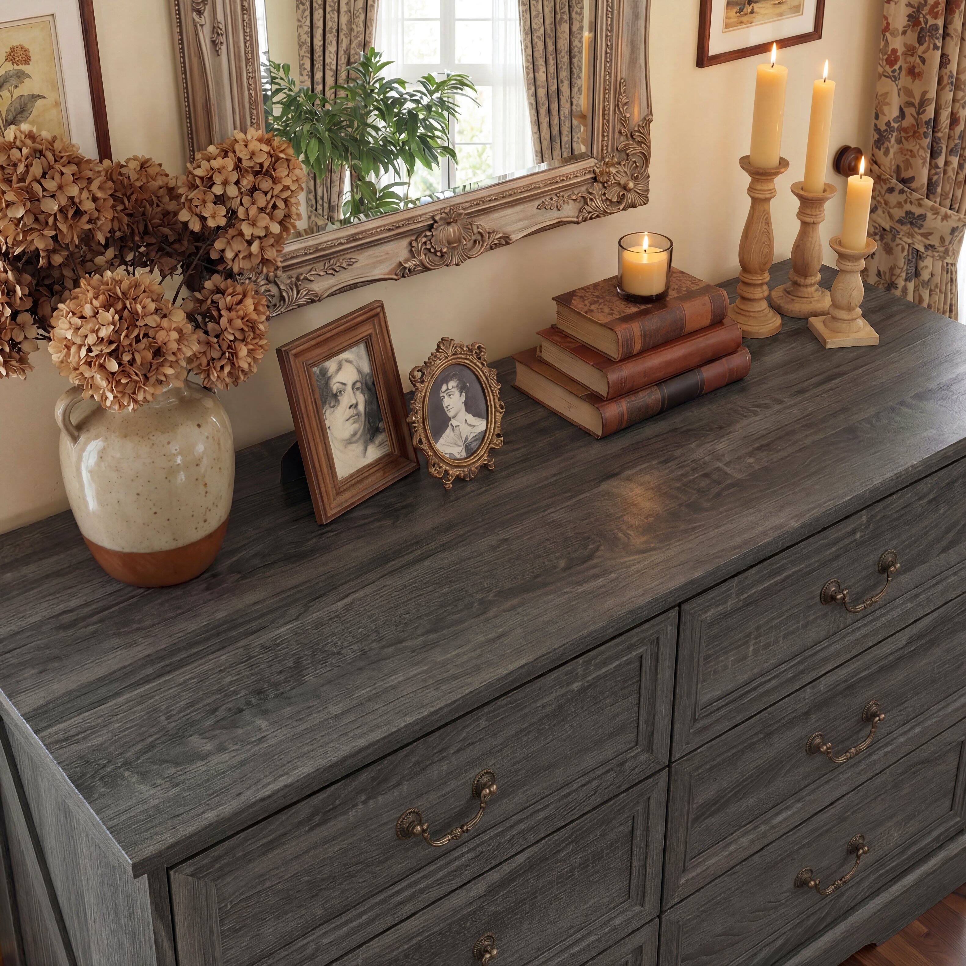 Alt View 4. FUFU & GAGA - Vintage 6-Drawer Dresser - Farmhouse Style Storage Chest with Bronze Hardware for Bedroom, Living Room, Entryway - Distressed gray.