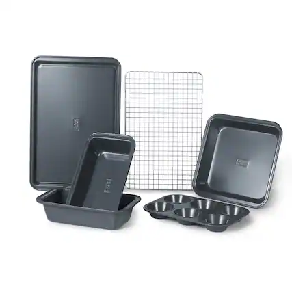 Front. Black+Decker - BLACK+DECKER 6-Piece Carbon Steel Bakeware Set,Includes Cookie Sheet, Cooling Rack, Loaf Pans, Cake Pan and Muffin Pan - Black.