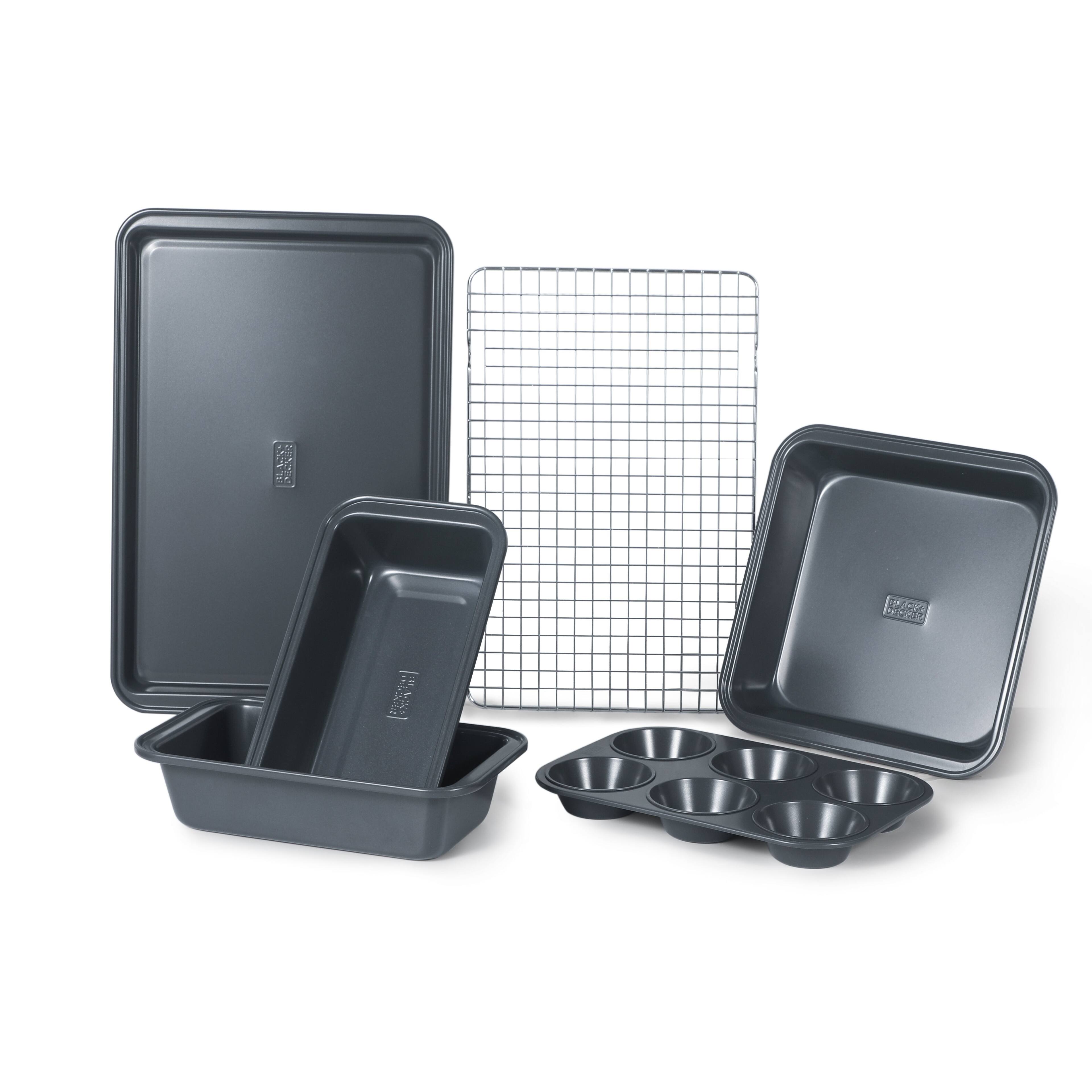 Front. Black+Decker - BLACK+DECKER 6-Piece Carbon Steel Bakeware Set,Includes Cookie Sheet, Cooling Rack, Loaf Pans, Cake Pan and Muffin Pan - Black.