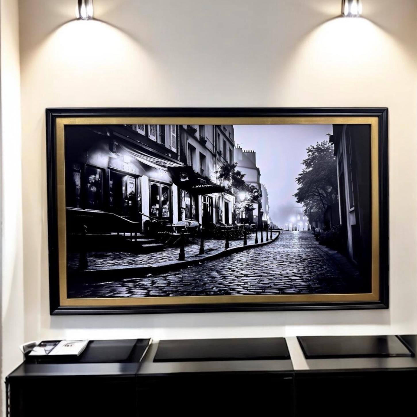 Alt View 10. LAREDO FRAME FACTORY - 75 inch Handmade Tv Frame For TCL A300W NXTVISION Tv - SATIN BLACK WITH GOLD LEAF.