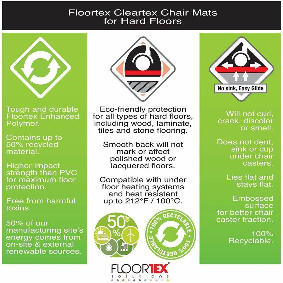 Floortex Cleartex Chair Mats for Hard Floors

- No sink, Easy Glide
- Tough and durable Eco-friendly protection
- Floortex Enhanced for all types of hard floors, Polymer. including wood, laminate, tiles and stone flooring.
- Contains up to 50% recycled material.
- Higher impact strength than PVC for maximum floor protection.
- Free from harmful toxins.
- 50% of our manufacturing site's energy comes from on-site & external renewable sources.
- Smooth back will not mark or affect polished wood or higher impact lacquered floors.
- Compatible with under floor heating systems and heat resistant up to 212°F / 100°C.
- Will not curl, crack, discolor or smell.
- Does not dent, sink or cup under chair casters.
- Lies flat and stays flat.
- Embossed surface for better chair caster traction.
- 100% Recyclable.