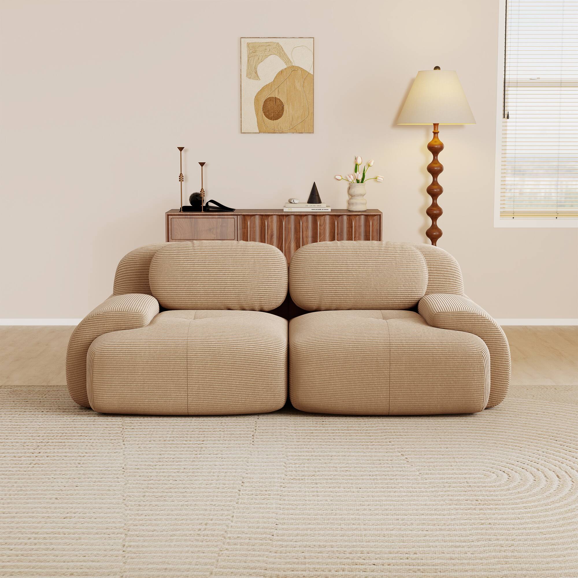 Angle. Aukfa - 2 seats Modular Corduroy Sectional Sofa with Ergonomic Support - Pet Friendly, Easy Assembly, Non-Slip Base Design - Camel.