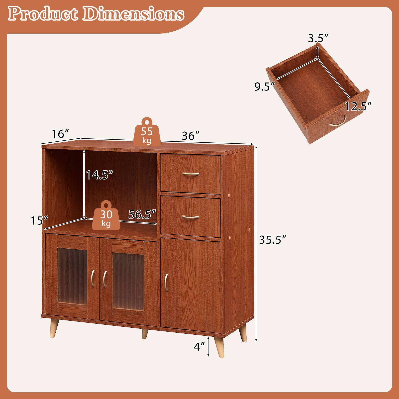 Product Dimensions:  
- 3.5"  
- 9.5"  
- 12.5"  
- 16"  
- 55 kg  
- 36"  
- 14.5"  
- 15"  
- 30 kg  
- 56.5"  
- 35.5"  
- 4"