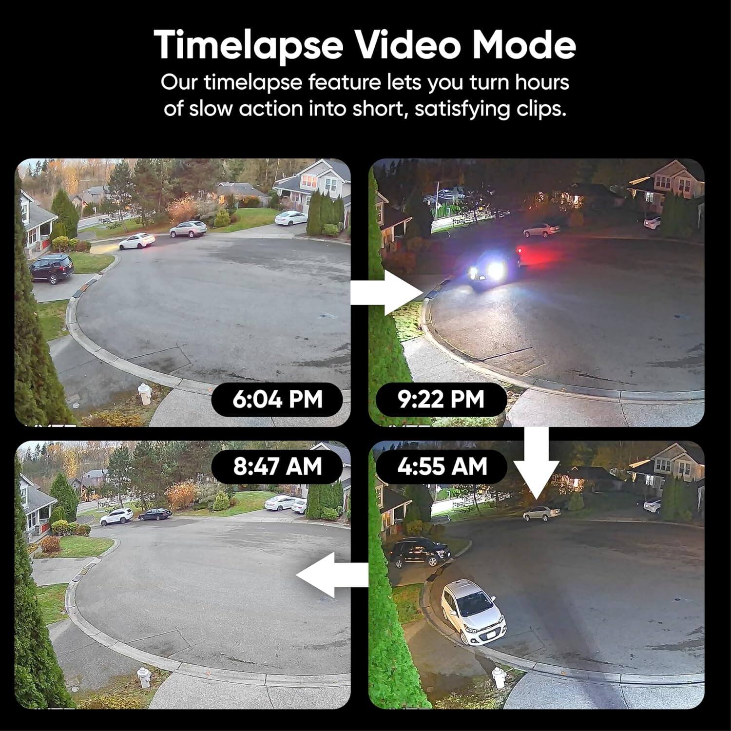 Timelapse Video Mode  
Our timelapse feature lets you turn hours of slow action into short, satisfying clips.  

6:04 PM  
9:22 PM  
8:47 AM  
4:55 AM