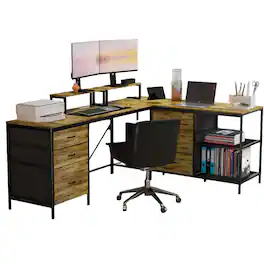 Glintex - L-Shaped Computer Desk with Power Outlets USB-C, Office Desk with 6 Drawers 3 Shelves Movable Monitor Stand for Gaming - Brown