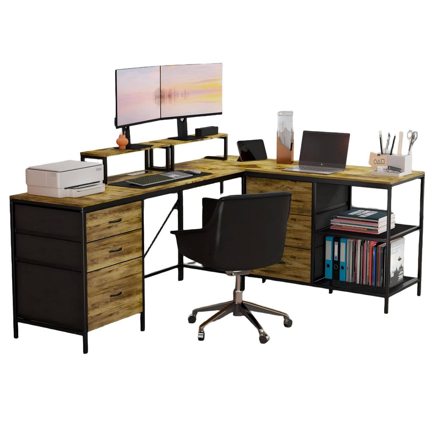 Front. Glintex - L-Shaped Computer Desk with Power Outlets USB-C, Office Desk with 6 Drawers 3 Shelves Movable Monitor Stand for Gaming - Brown.