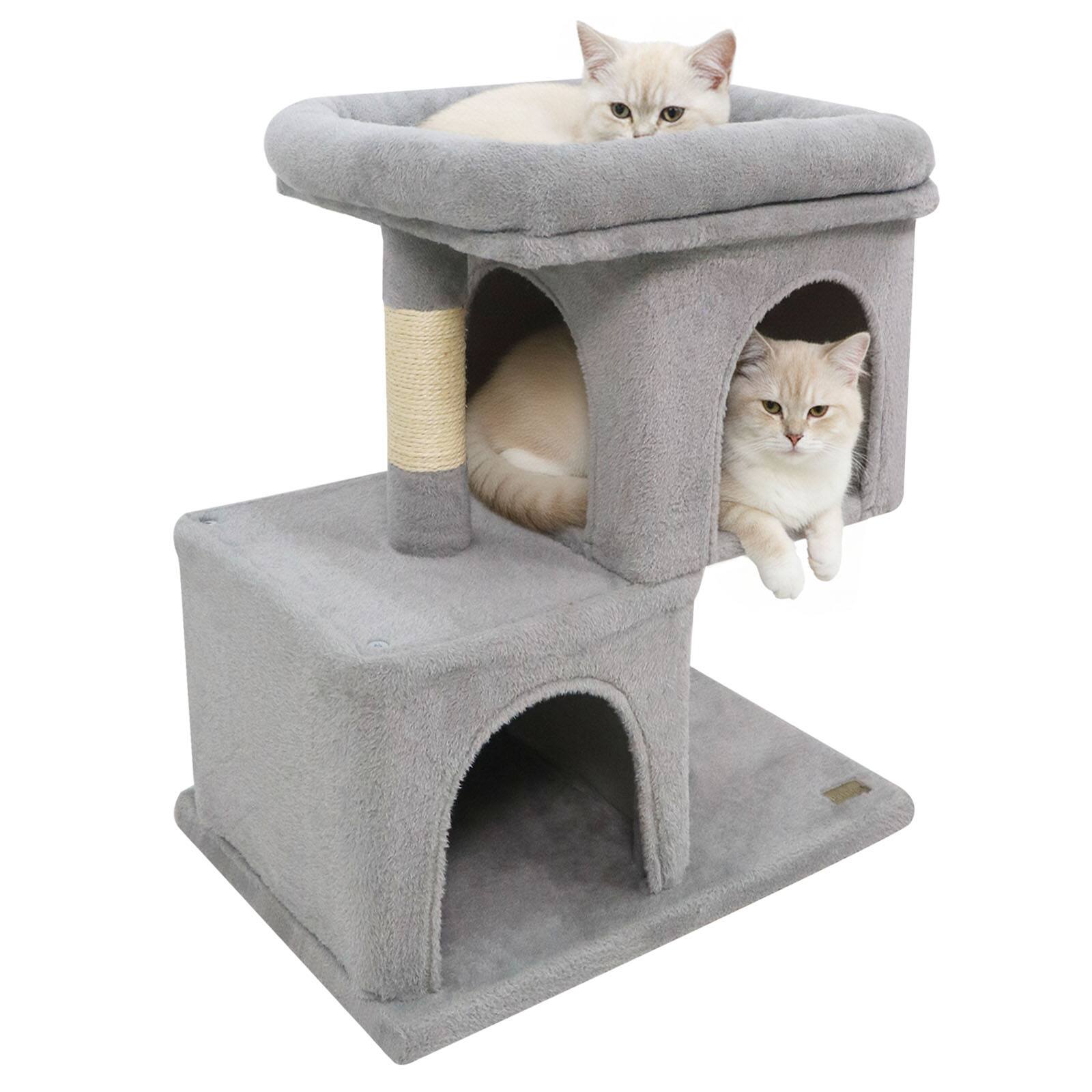 Front. Gymax - Gymax 25.5'' Cat Tree w/2 Large Condo Padded Top Perch Sisal Scratching Posts for Cats Light Gray.
