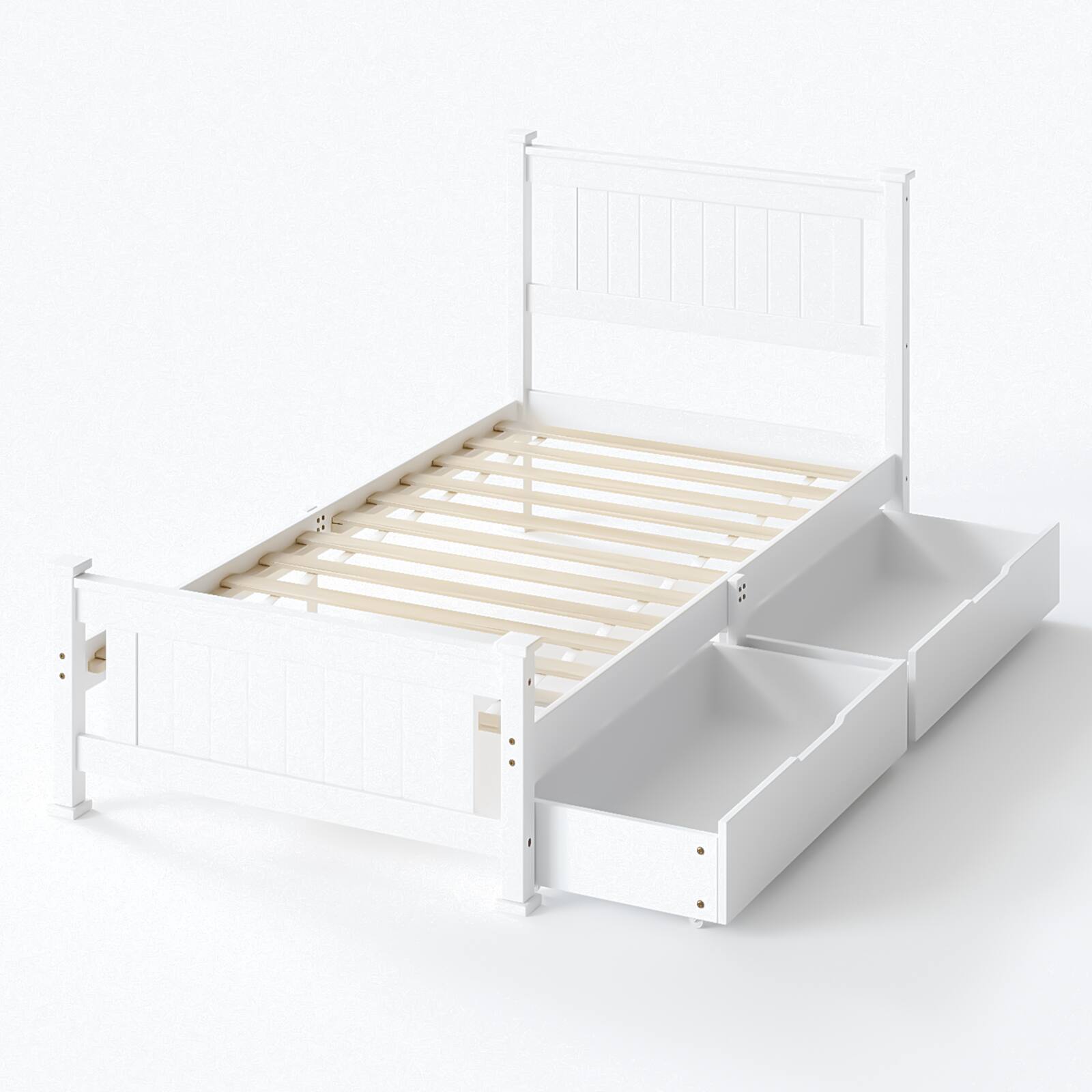 Alt View 2. Winado - Bed Frame with Strong Wood Slat Support,Modern Style Solid Wood Platform Bed for Family Bedrooms with 2 Pull-Out Drawers - White,Twin Size.