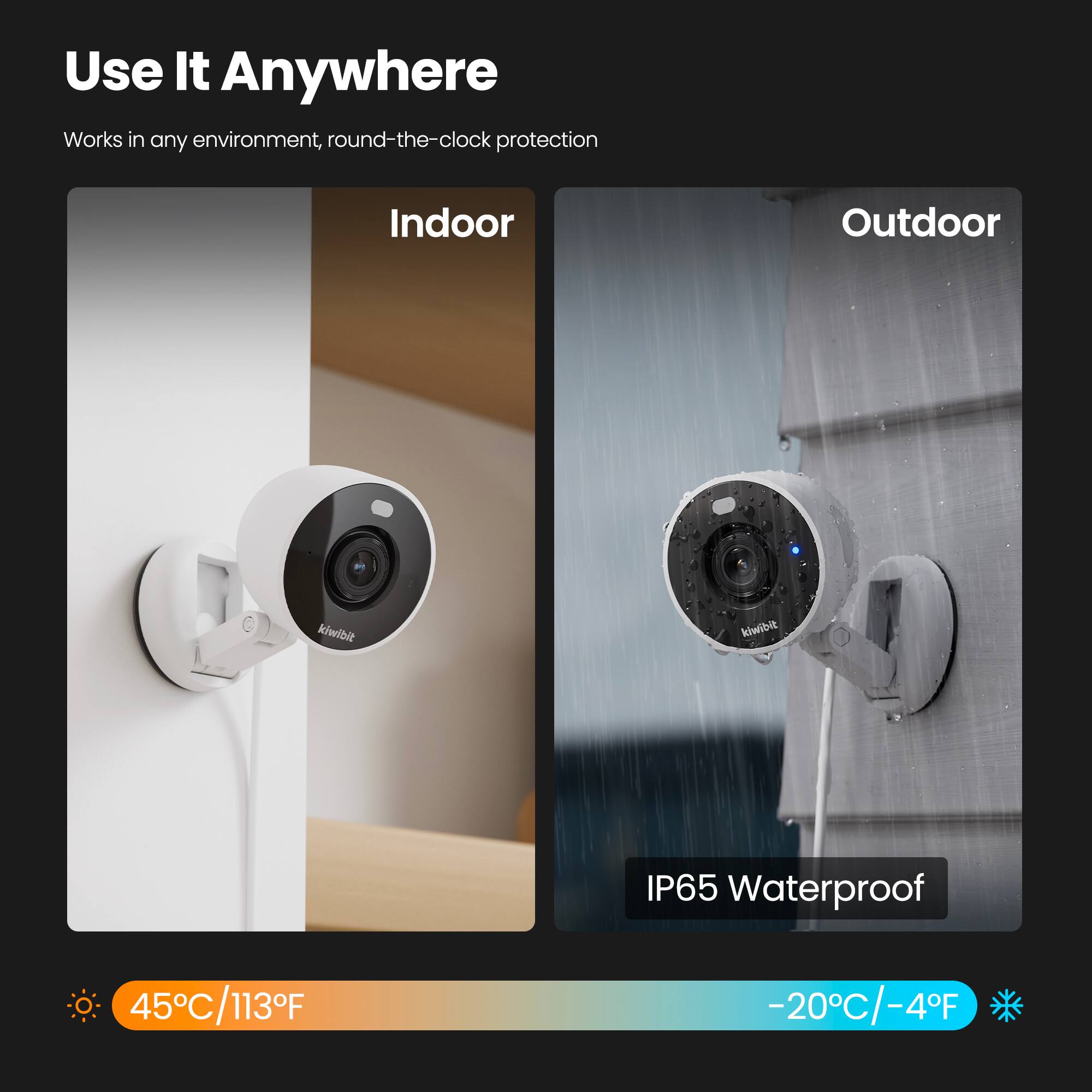 Use It Anywhere  
Works in any environment, round-the-clock protection  

Indoor  

Outdoor  

IP65 Waterproof  

45°C/113°F  

-20°C/-4°F