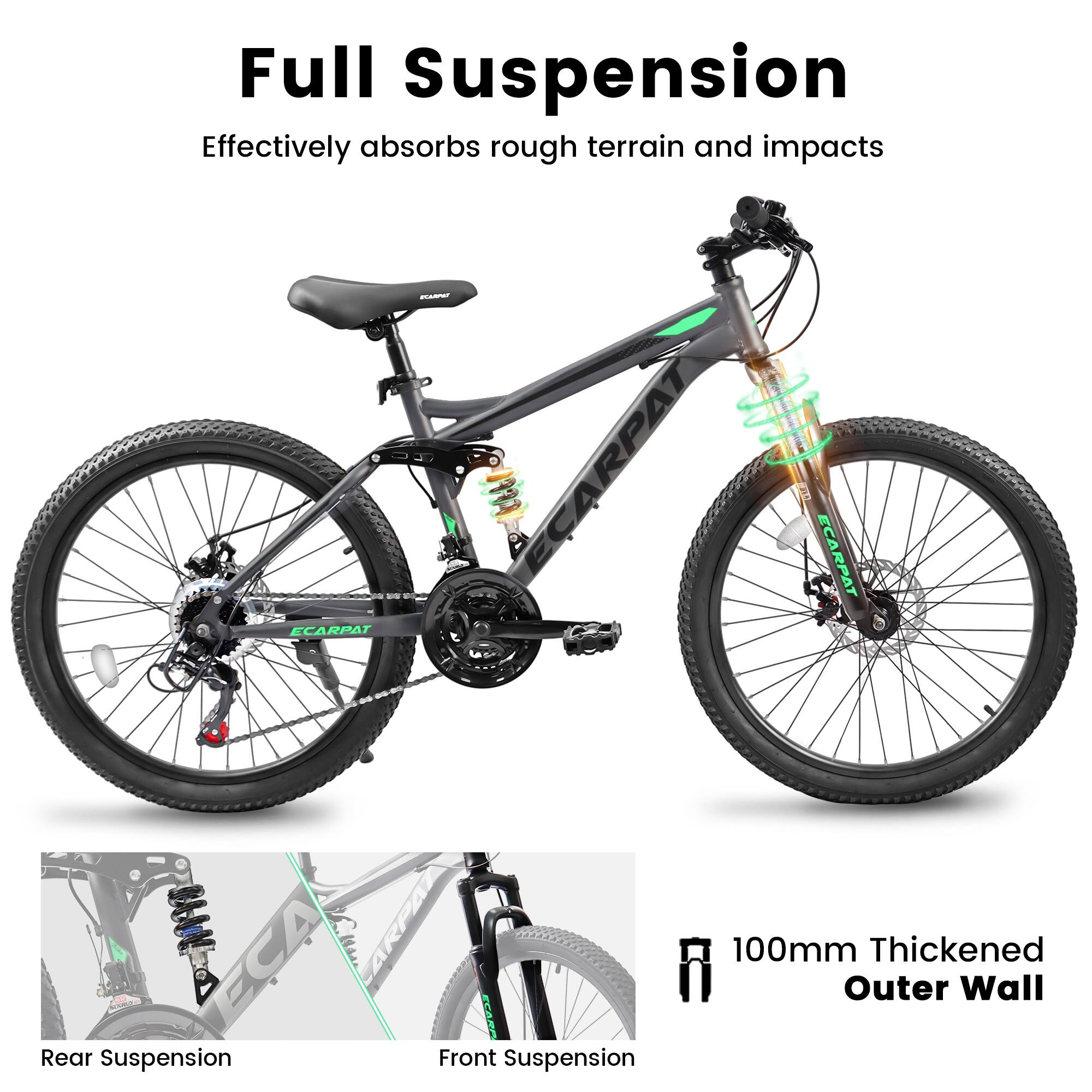 Full Suspension  
Effectively absorbs rough terrain and impacts  

Rear Suspension  
Front Suspension  

100mm Thickened Outer Wall