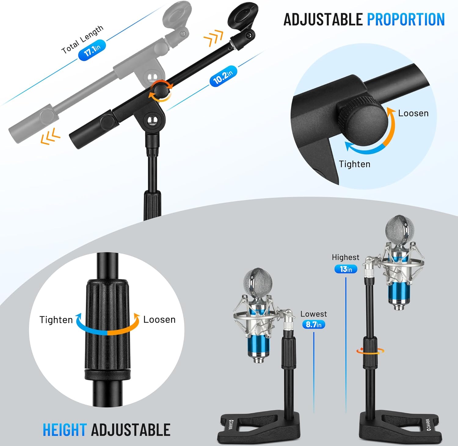 Length Total 17.1in  
10.2in  

ADJUSTABLE PROPORTION  
Loosen Tighten  

Highest 13in  
Tighten Loosen  

Lowest 8.7in  

HEIGHT ADJUSTABLE