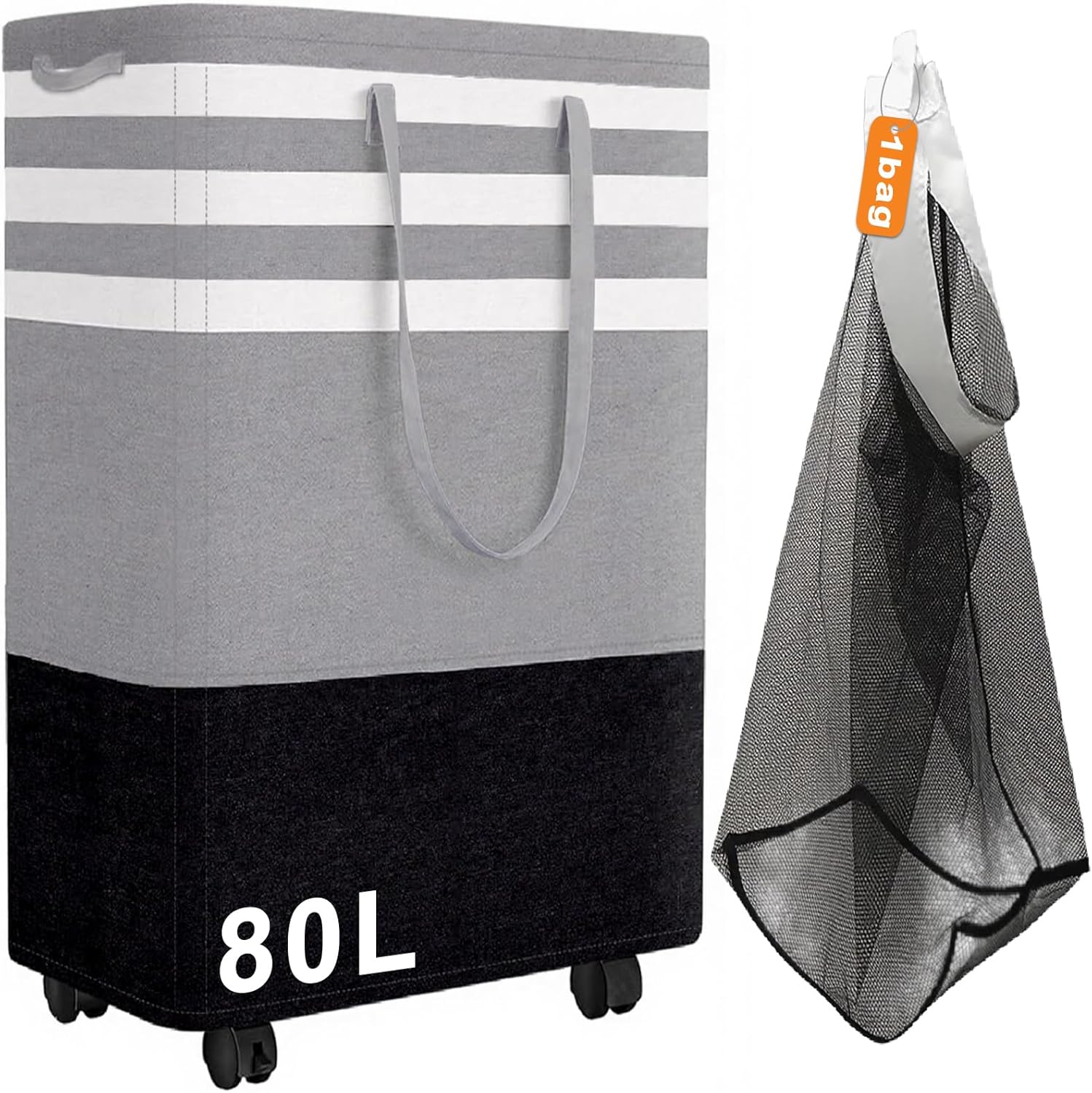 Tiramisubest - 80L Large Laundry Basket,Freestanding Laundry Hamper with 4 Wheels and Handles,Collapsible Waterproof Clothes Basket - Gray