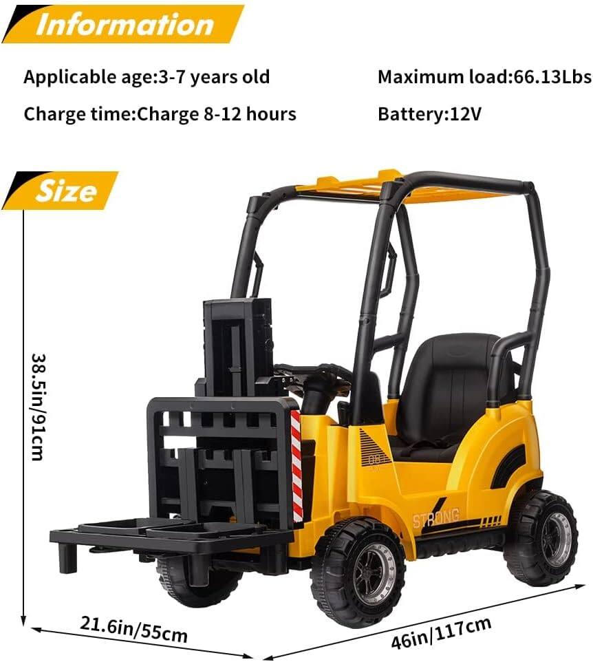 Information  
Applicable age: 3-7 years old  
Charge time: Charge 8-12 hours  
Maximum load: 66.13Lbs  
Battery: 12V  

Size  
38.5in/91cm  
21.6in/55cm  
46in/117cm