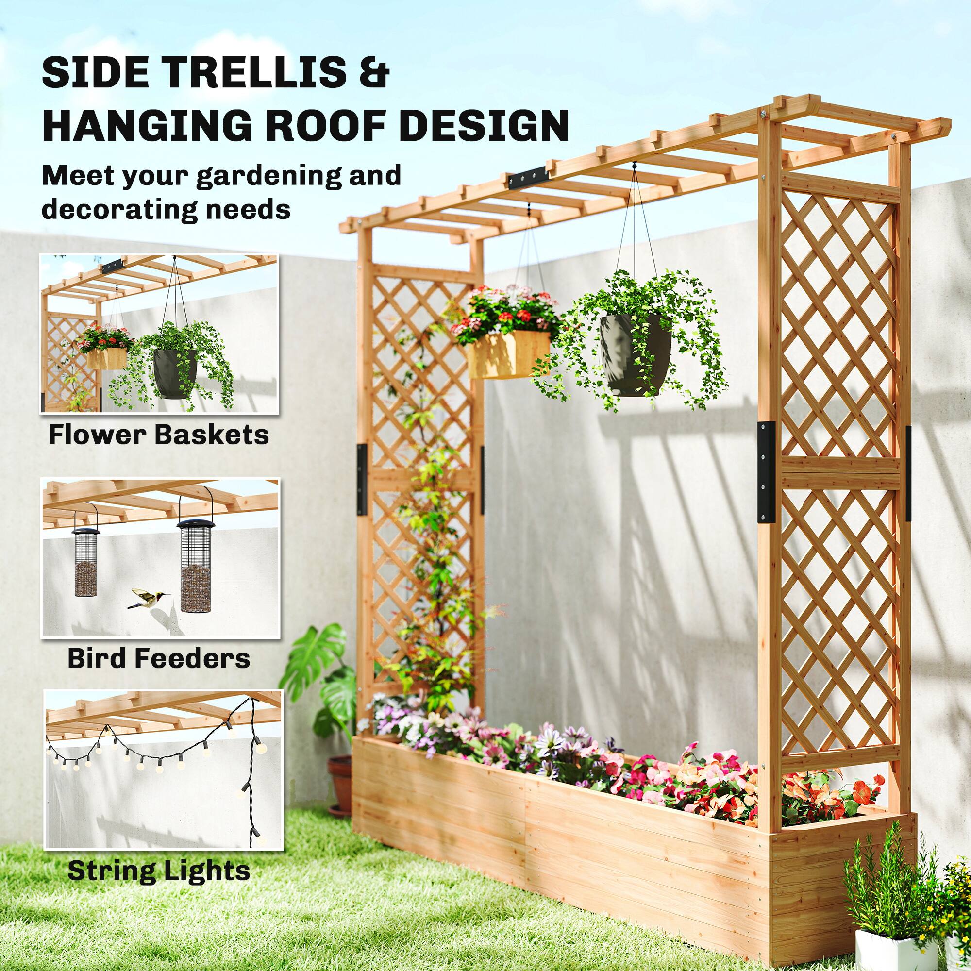 SIDE TRELLIS & HANGING ROOF DESIGN  
Meet your gardening and decorating needs  

Flower Baskets  
Bird Feeders  
String Lights