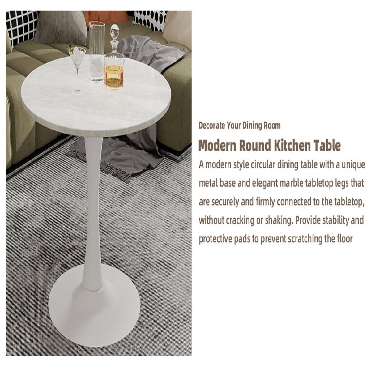 Decorate Your Dining Room

Modern Round Kitchen Table

A modern style circular dining table with a unique metal base and elegant marble tabletop legs that are securely and firmly connected to the tabletop, without cracking or shaking. Provide stability and protective pads to prevent scratching the floor