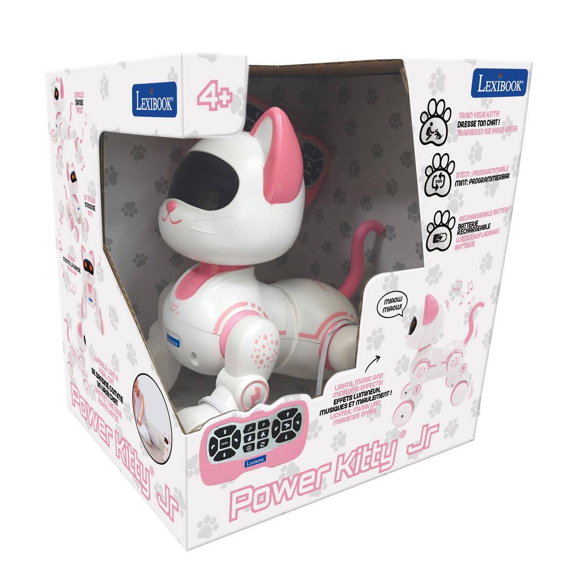 LEXIBOOK  
4+  
LEXTBOOK TRAIN YOUR KITTY! DRESSEZ VOTRE CHAT! TRAINIEREN SIE IHREN KATZEN!  
STEM: PROGRAMMABLE MINT: PROGRAMMIERBAR  
RECHARGEABLE BATTERIE WIEDERAUFLADBARE BATTERIE  
MIAOW MIAOWI MUSIC AND LIGHTS, LUMINEUX, EFFECTS! EFFETS ET MUSIQUES LICHTER, MIRUENDE EFFEN  
Power Kitty Jr