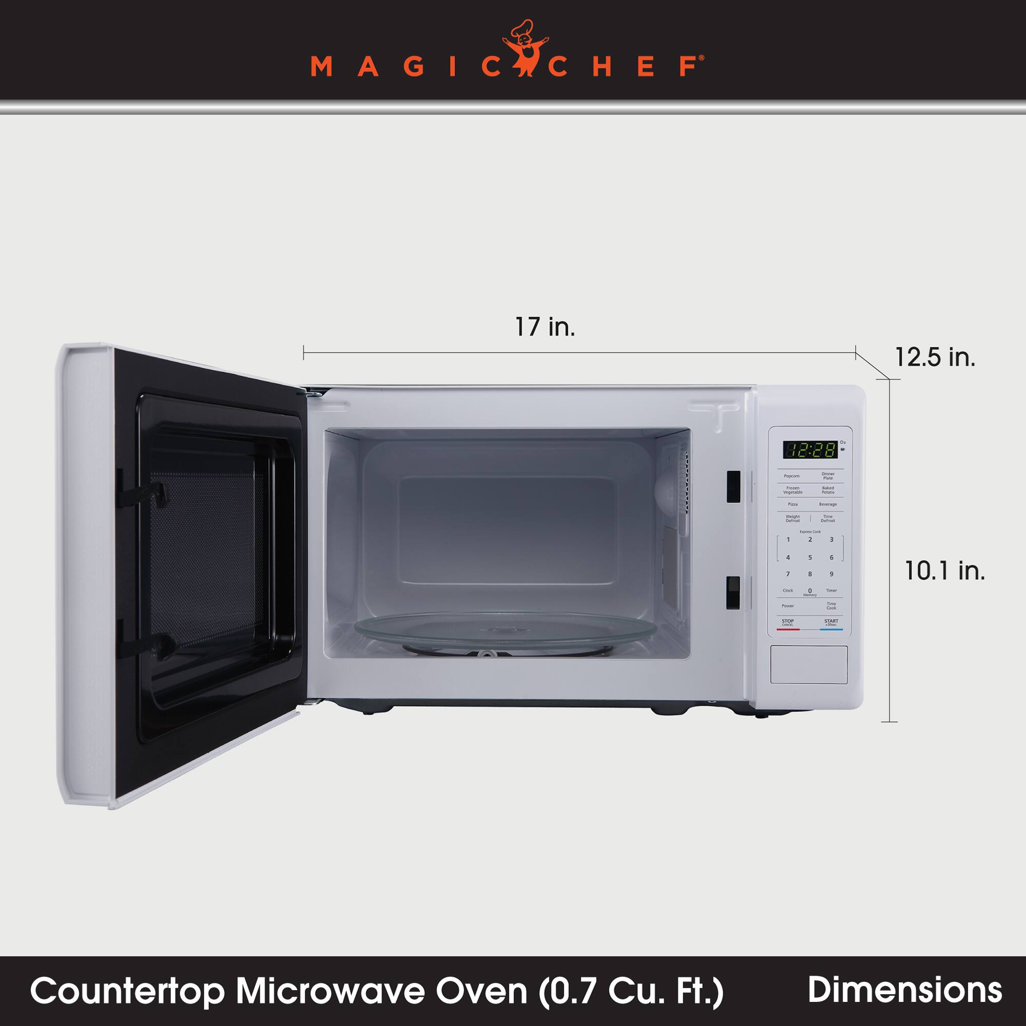 MAGIC CHEF

17 in.
12.5 in.
10.1 in.

e 12:28

Pepassium
100 Today

Inversign

Countertop Microwave Oven (0.7 Cu. Ft.)
Dimensions