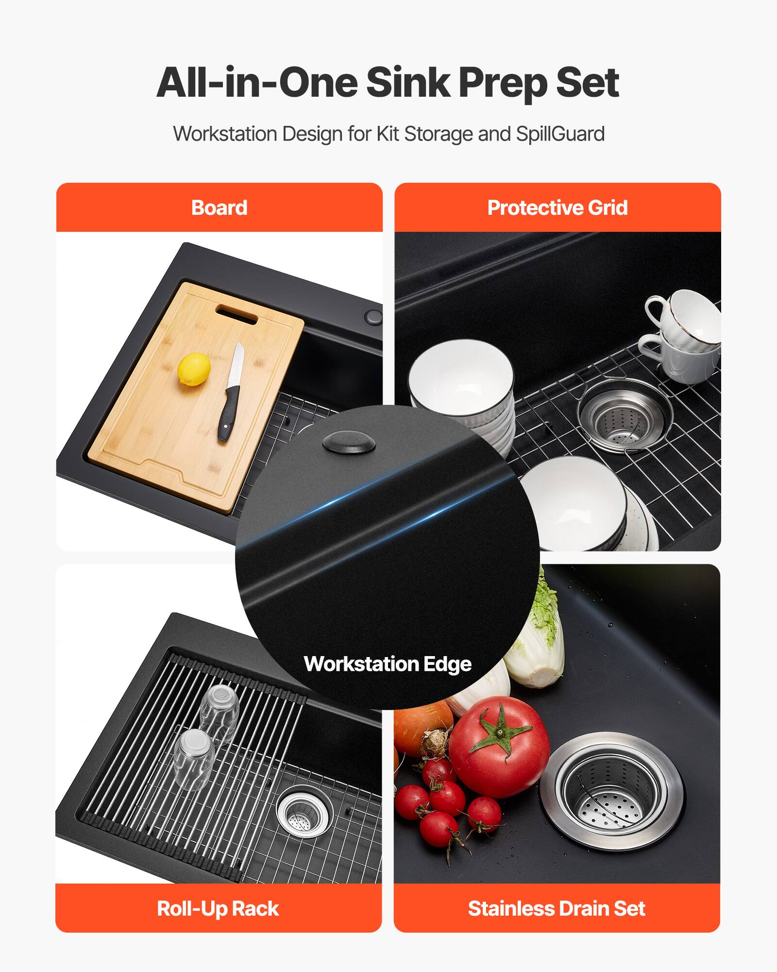 All-in-One Sink Prep Set  
Workstation Design for Kit Storage and SpillGuard  

- Board  
- Protective Grid  
- Workstation Edge  
- Roll-Up Rack  
- Stainless Drain Set