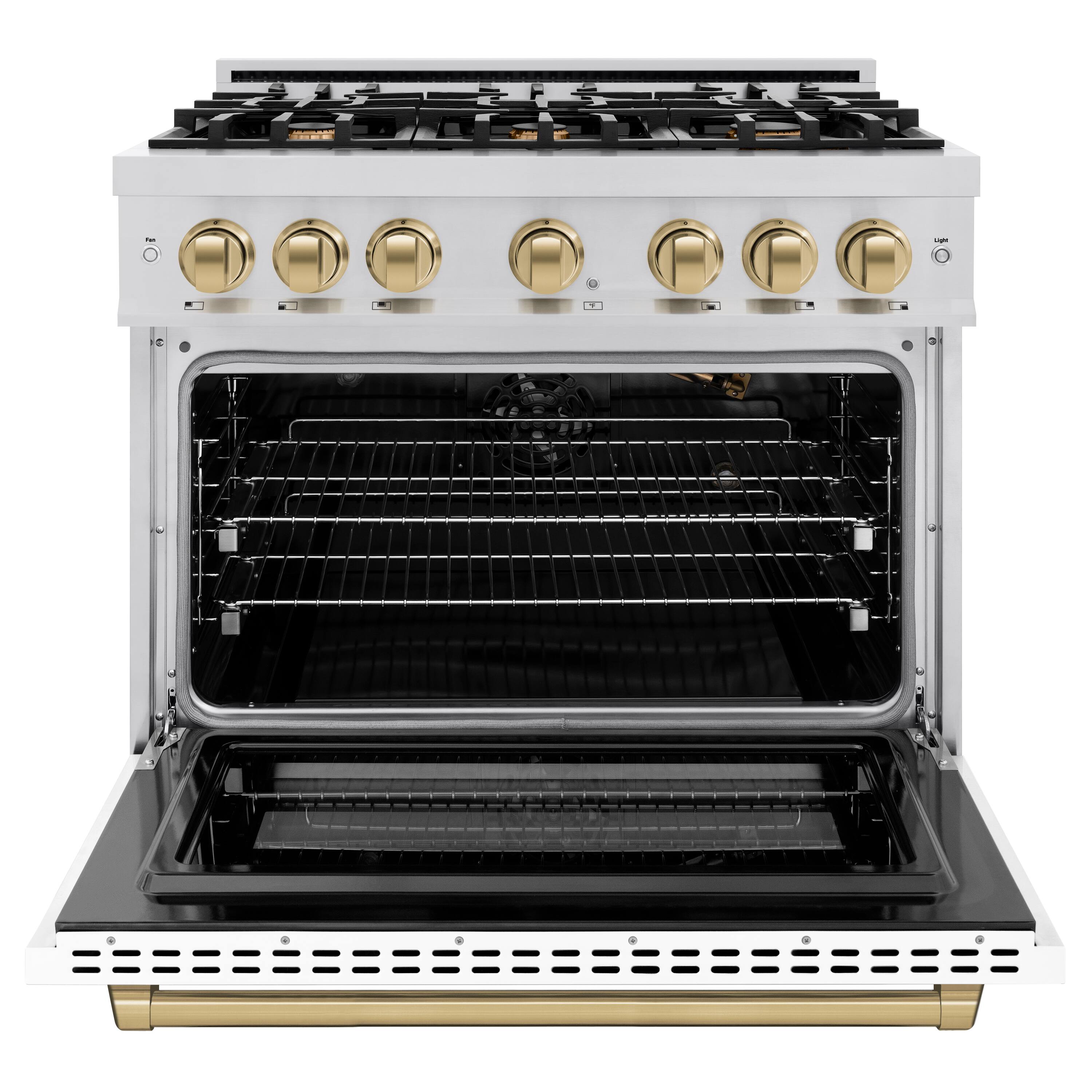 Left. ZLINE - ZLINE Autograph 36 in. 5.2 cu. ft. Freestanding Select Gas Range w/ 6 Burners & White Door w/ Bronze Accents - Stainless Steel.