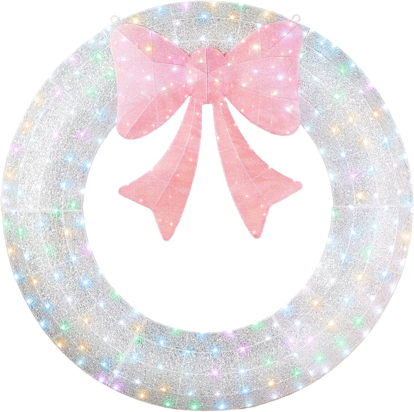 Winado - 60in Larger Pre-Lit Outdoor Christmas Wreath, LED Metal Holiday Decor w/ 400 Lights, Bow - Silver/Pink