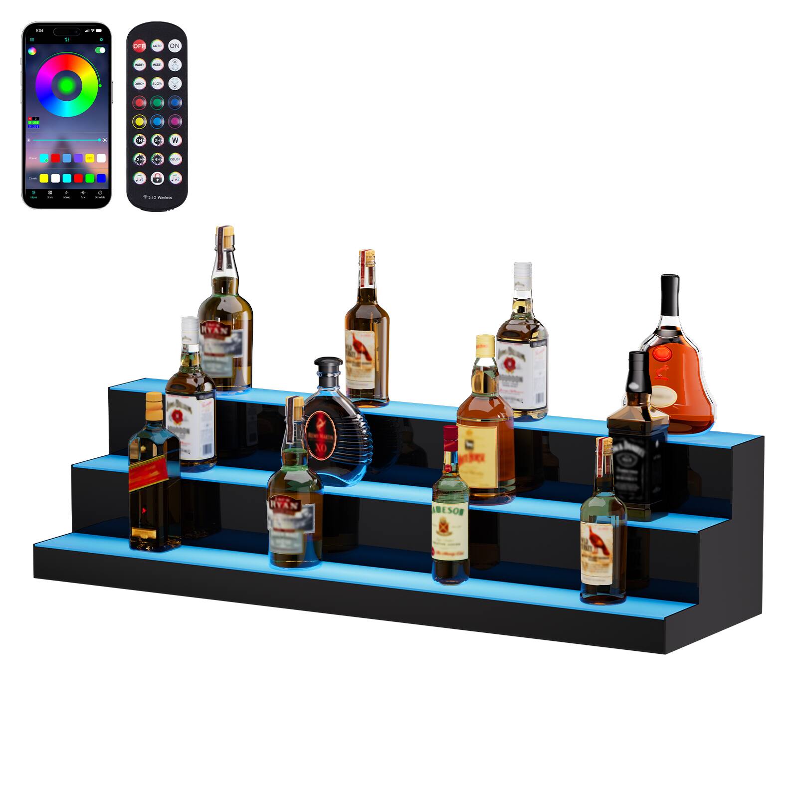 VEVOR - LED Lighted Liquor Bottle Display, 3 Tiers 40 Inch Commercial Illuminated Home Bar Shelf - Transparent