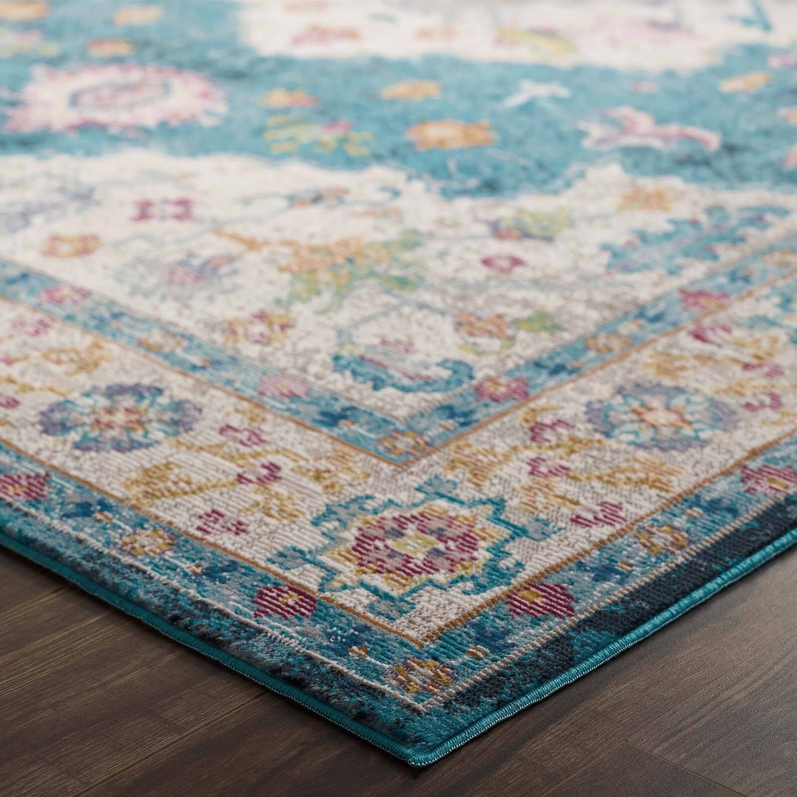 Left. Modway - Success Anisah Distressed Floral Vintage Medallion Area Rug - Blue Ivory Yellow Orange.