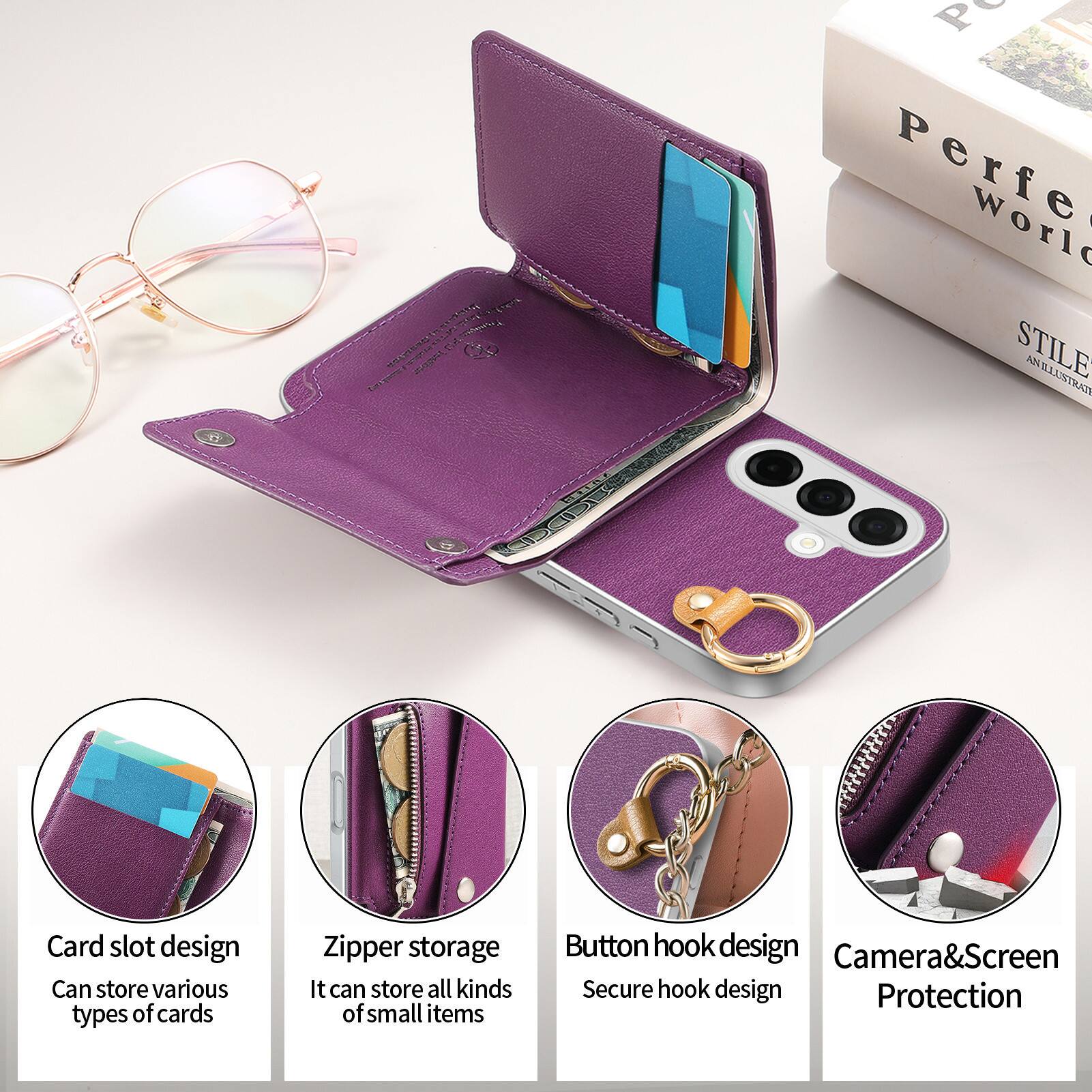 Perfe World STILE AN ILLUSTRATE

Card slot design
Can store various types of cards

Zipper storage
It can store all kinds of small items

Button hook design
Secure hook design

Camera&Screen Protection