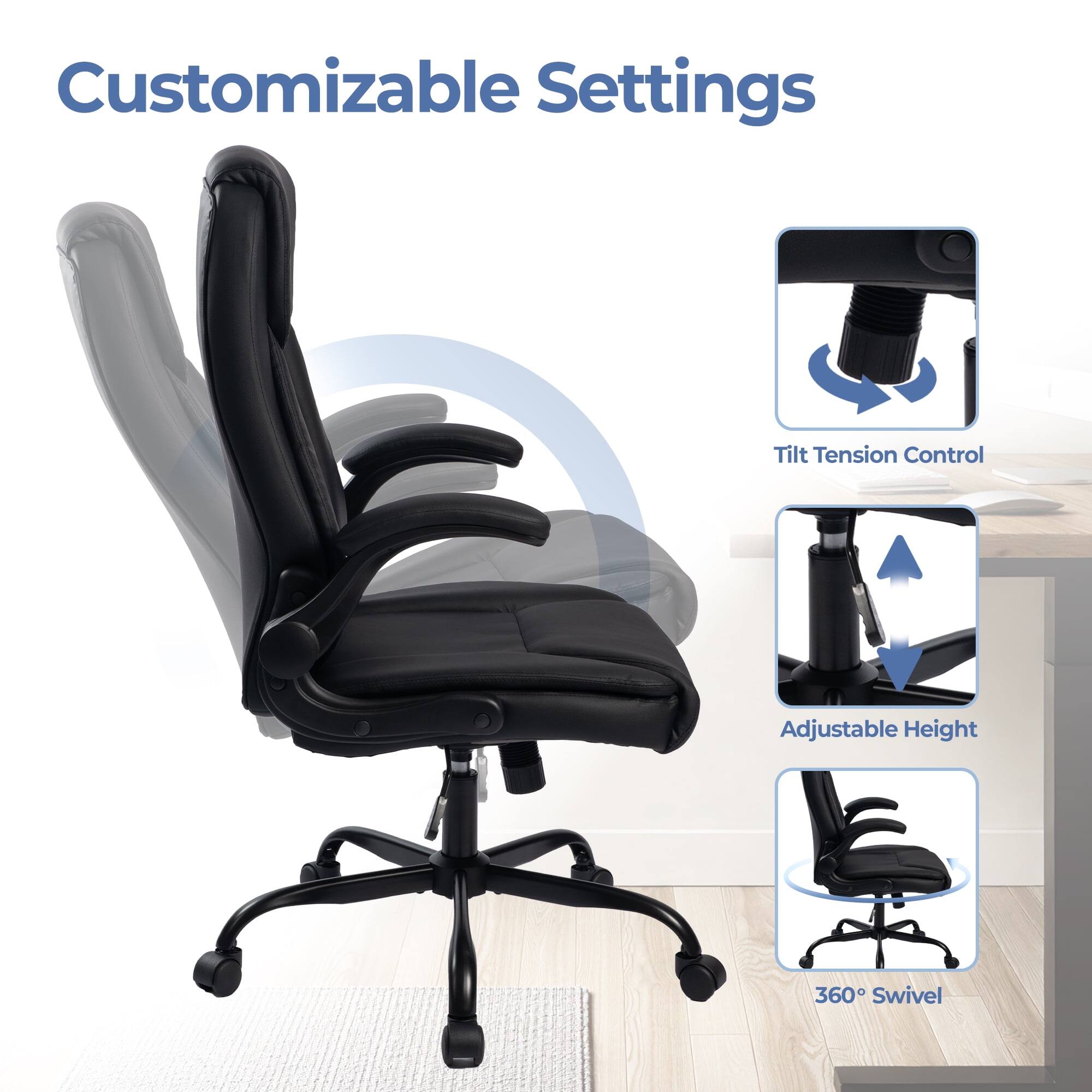 Customizable Settings

- Tilt Tension Control
- Adjustable Height
- 360° Swivel