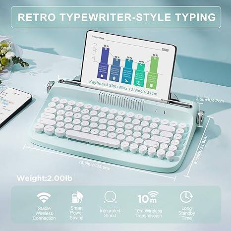 RETRO TYPEWRITER-STYLE TYPING

Keyboard Slot: Max 12.9 inch/32.3 cm

Weight: 2.00 lb

Stable Wireless Connection

Smart Power Saving

Integrated 10m Wireless Stand Transmission

Long Standby Time