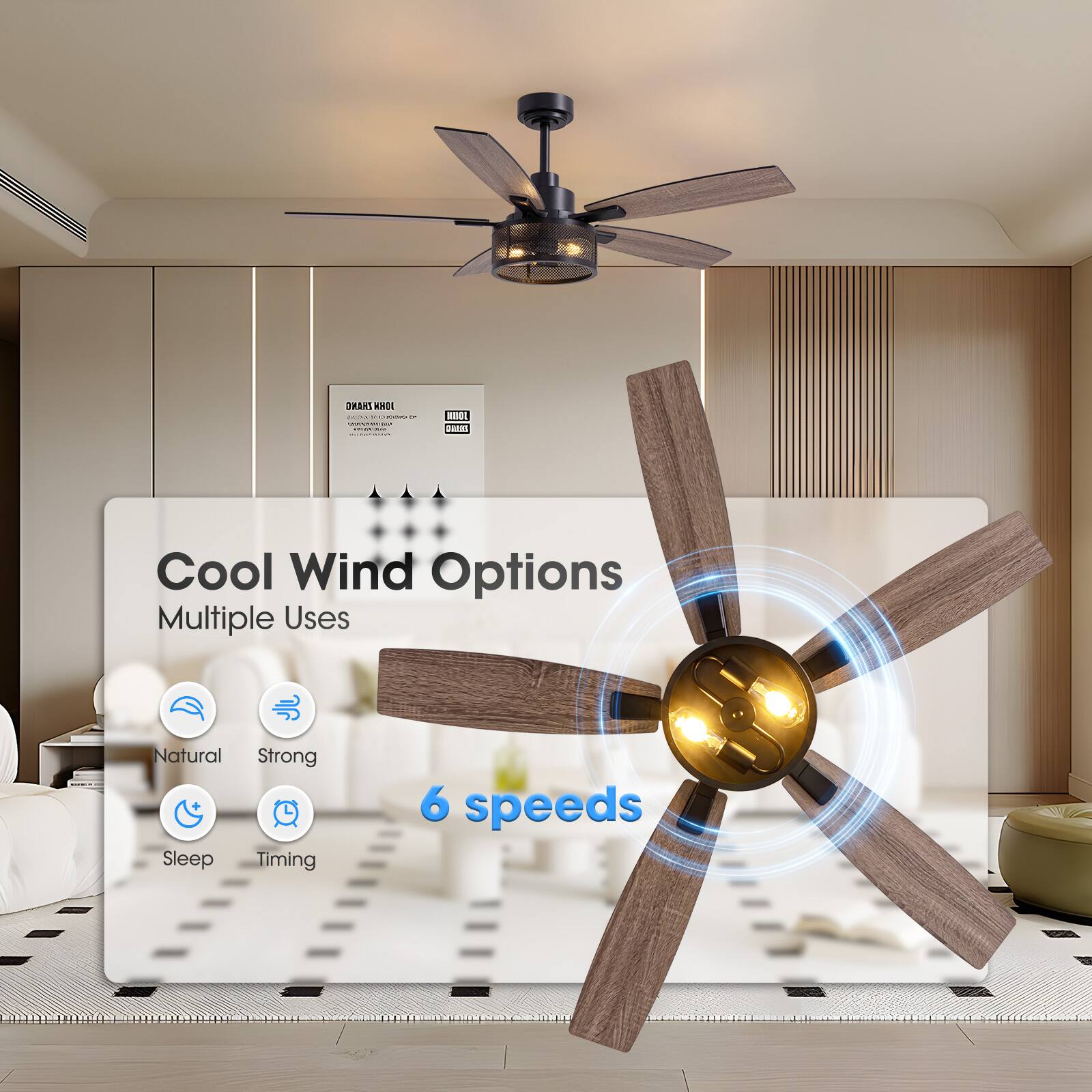 Cool Wind Options  
Multiple Uses  
6 speeds  

Natural  
Strong  
Sleep  
Timing