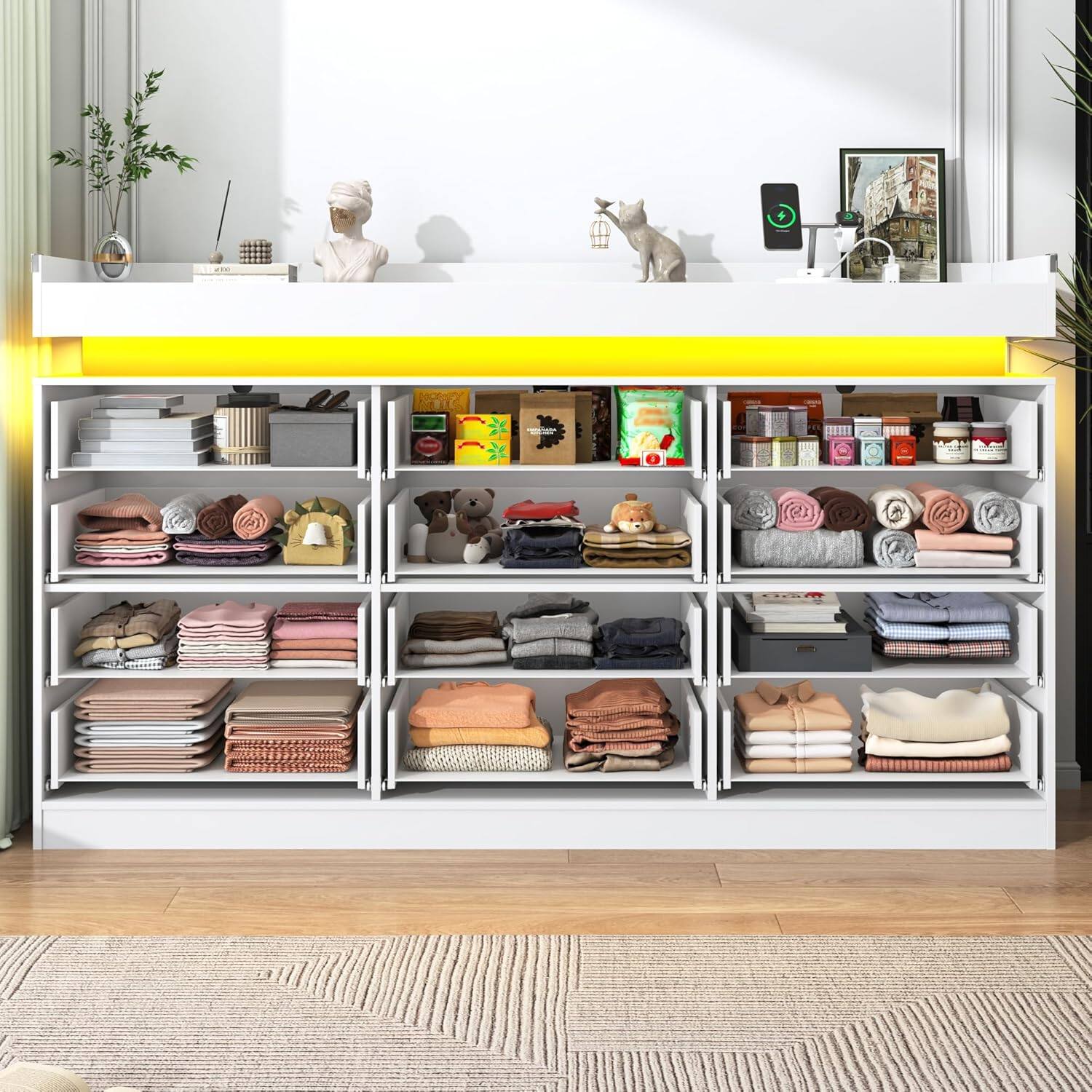 Alt View 1. Espafurni - 12 - Drawer Dresser with LED Light & Charging Station - Modern Chest for Bedroom, Living Room, Entryway & Hallway - White.