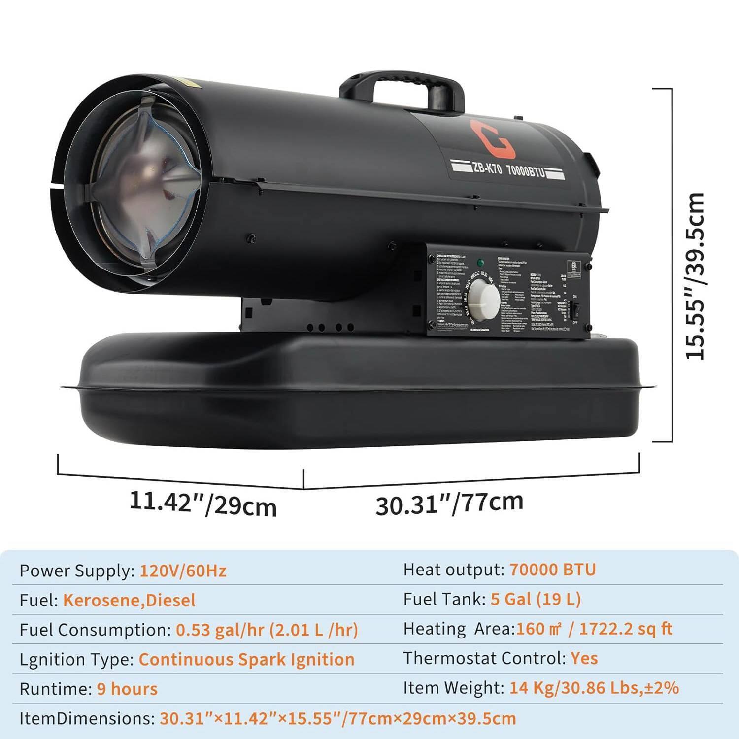 Back. Acekool - 70000 BTUs Kerosene Forced Air Heater with Thermostat, 5 Gallon Tank for Construction Sites, Warehouses, and Workshops.