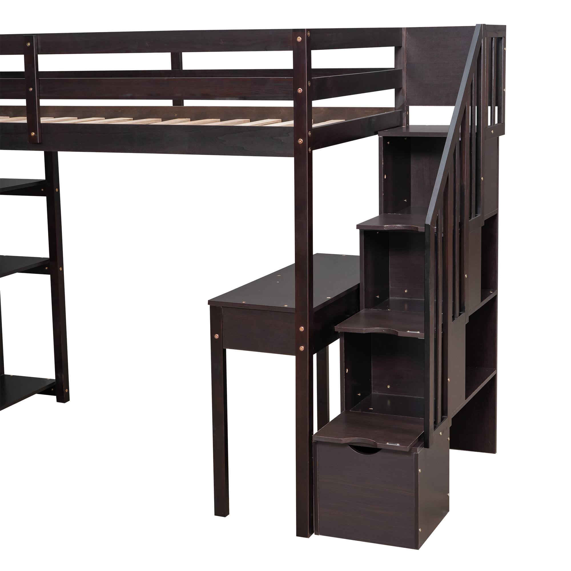 Back. Aukfa - Twin size Loft Bed with Storage Drawers and Stairs, Wooden Loft Bed with Shelves - Espresso.