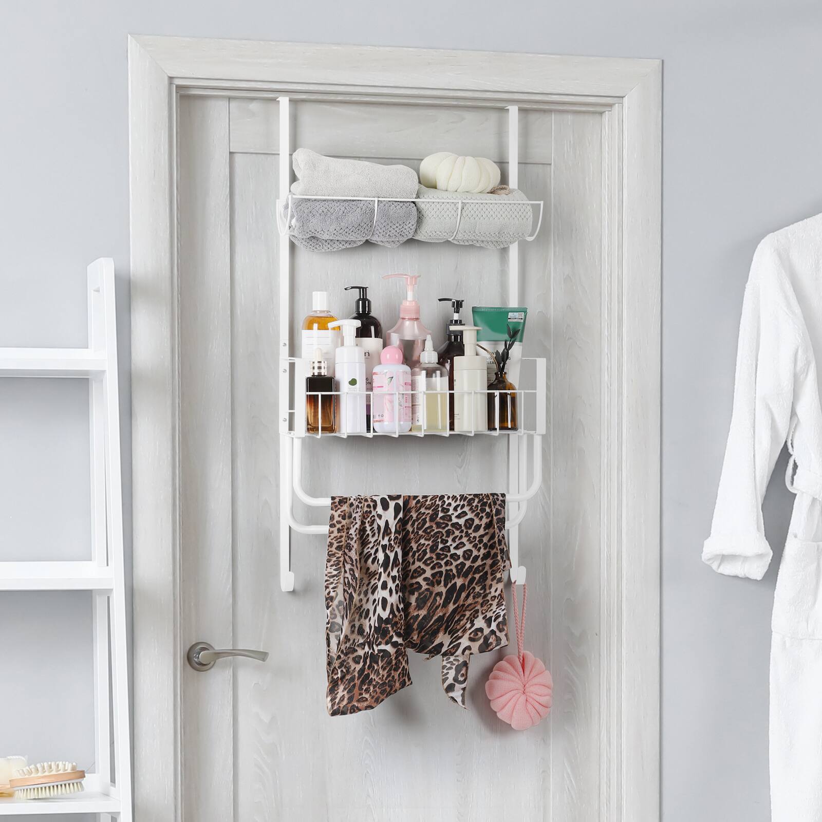 Alt View 1. Oumilen - Matte White Over Door Metal Towel & Bathroom Storage Organizer Rack - White.