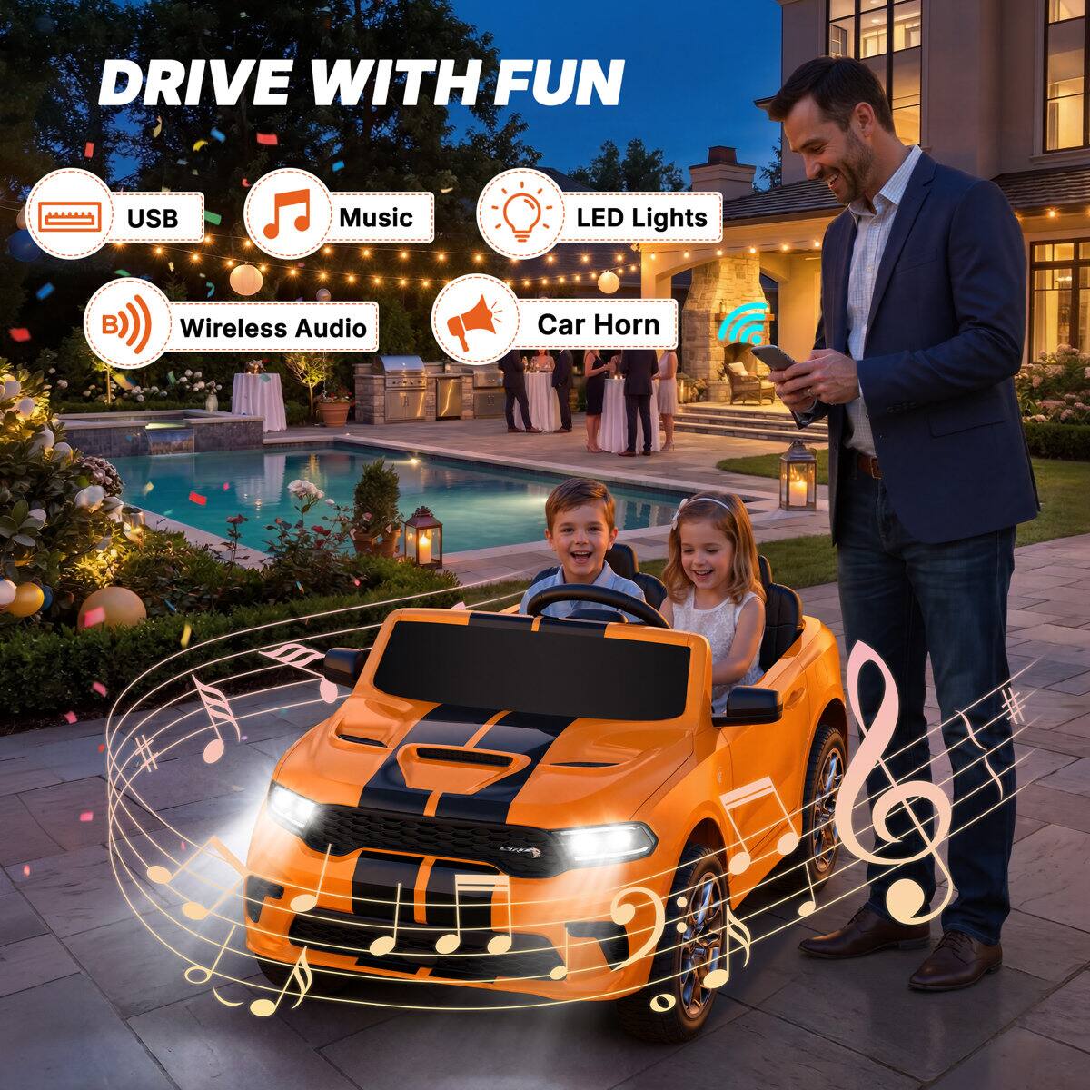 DRIVE WITH FUN

- USB
- Music
- LED Lights
- Wireless Audio
- Car Horn
